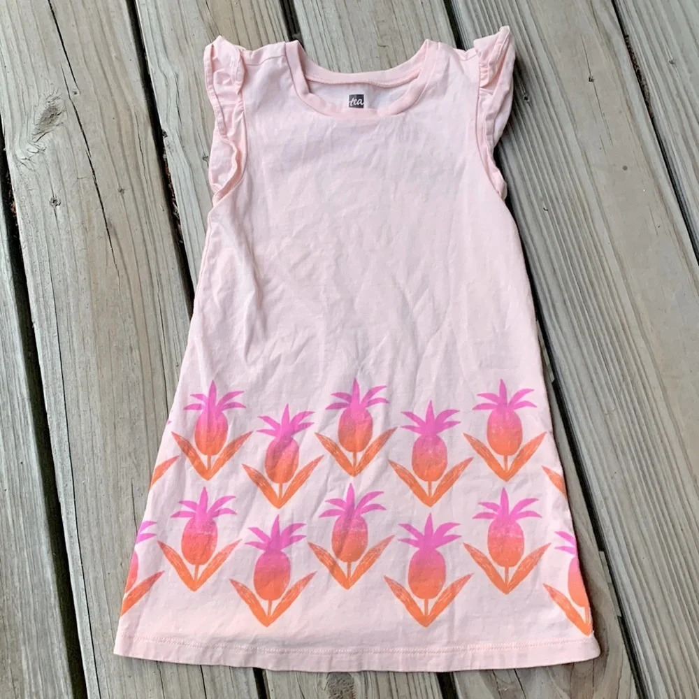 Tea collection pink pineapple cotton dress ruffle sleeve tank dress size 4t